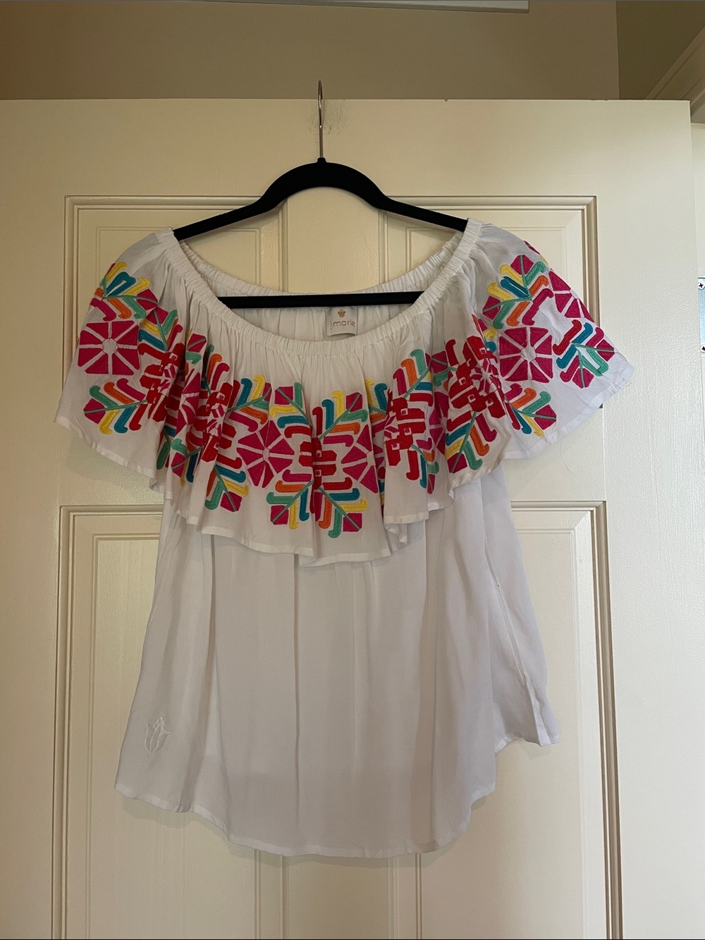 Off-Shoulder Embroidered Ruffle Blouse - White with Multicolor Floral Detail